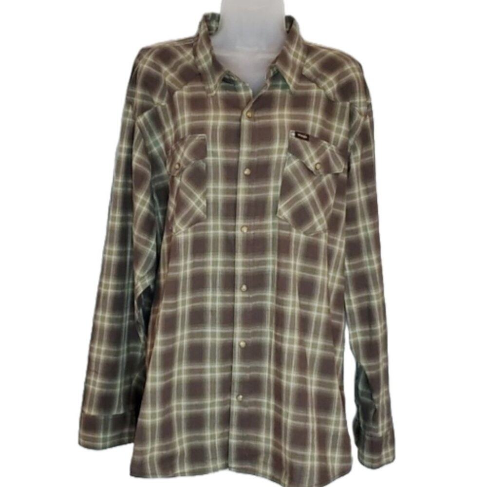 Men's Wrangler Brown Plaid Long Sleeve Pearl Snap SX 2XL